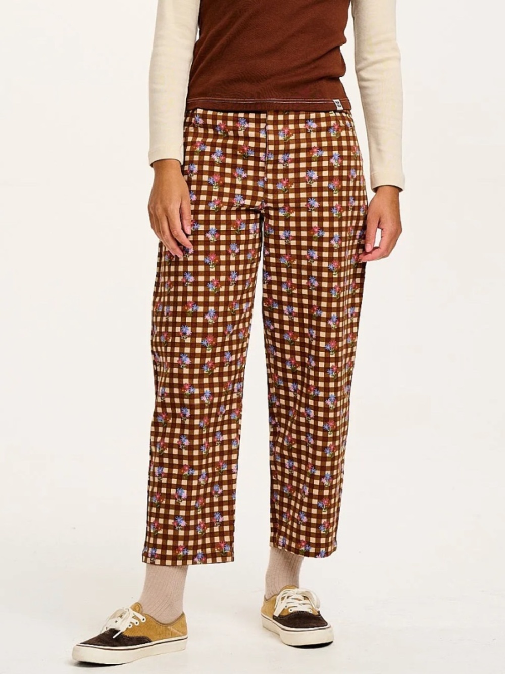 Lucy & Yak Brown Gingham Barrel-Leg Jeans with Floral Detail Size W42R